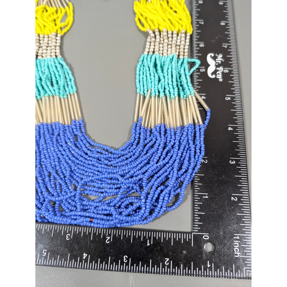 Colorful Multistrand Glass Seed Bead Necklace 24" Blue Yellow‎ Green - Picture 9 of 9